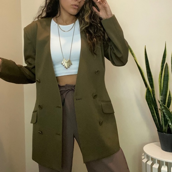 paul alexander Jackets & Blazers - Vintage 90s Oversized Olive Green Wool Double Breasted Blazer Size 8